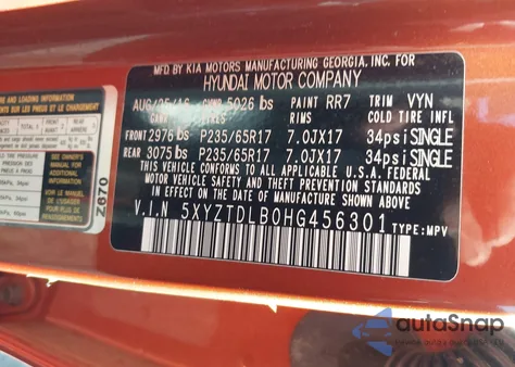 2017 Hyundai Santa Fe Sport 2.4L from USA, damaged, VIN 5XYZTDLB0HG456301